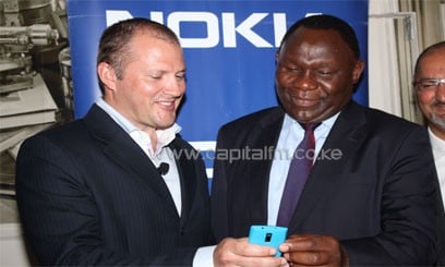 Nokia GM for East Africa Bruce Howe[left] and Information PS Bitange Ndemo [right] at the launch of Nokia Life. Photo/ FILE