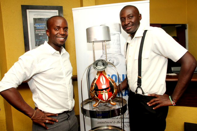 ABSOLUT ambassador Brian Owango poses with Kingkline Ojal from Aqueous Bar winner of the Challenge