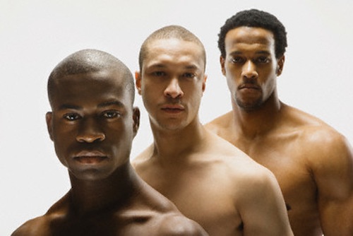 Multi-ethnic bare cheated men in row