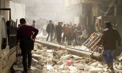 People gather at the scene of an explosion in Aleppo /AFP
