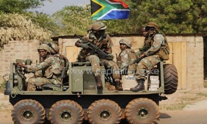 South African soldiers patrol on roads in Bangui, the capital of the Central African Republic, on January 10, 2013AFP