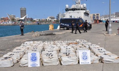 Bales of cocaine sit on a dock after been seized by the Spanish police at Cape Verde/AFP