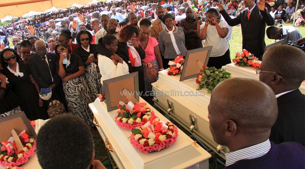 The five members of the family – Magu, his wife and three children - were buried in one grave in an emotional send off, where religious leaders and various speakers urged Kenyans not to judge Magu, but leave it to God/MIKE KARIUKI