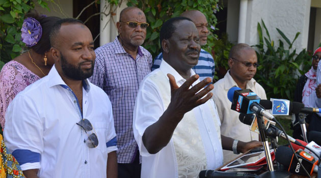 Orange Democratic Movement Party Leader Raila Odinga with Mombasa Governor Ali Hassan Joho and Kilifi Governor Amason Kingi by his sides/CFM