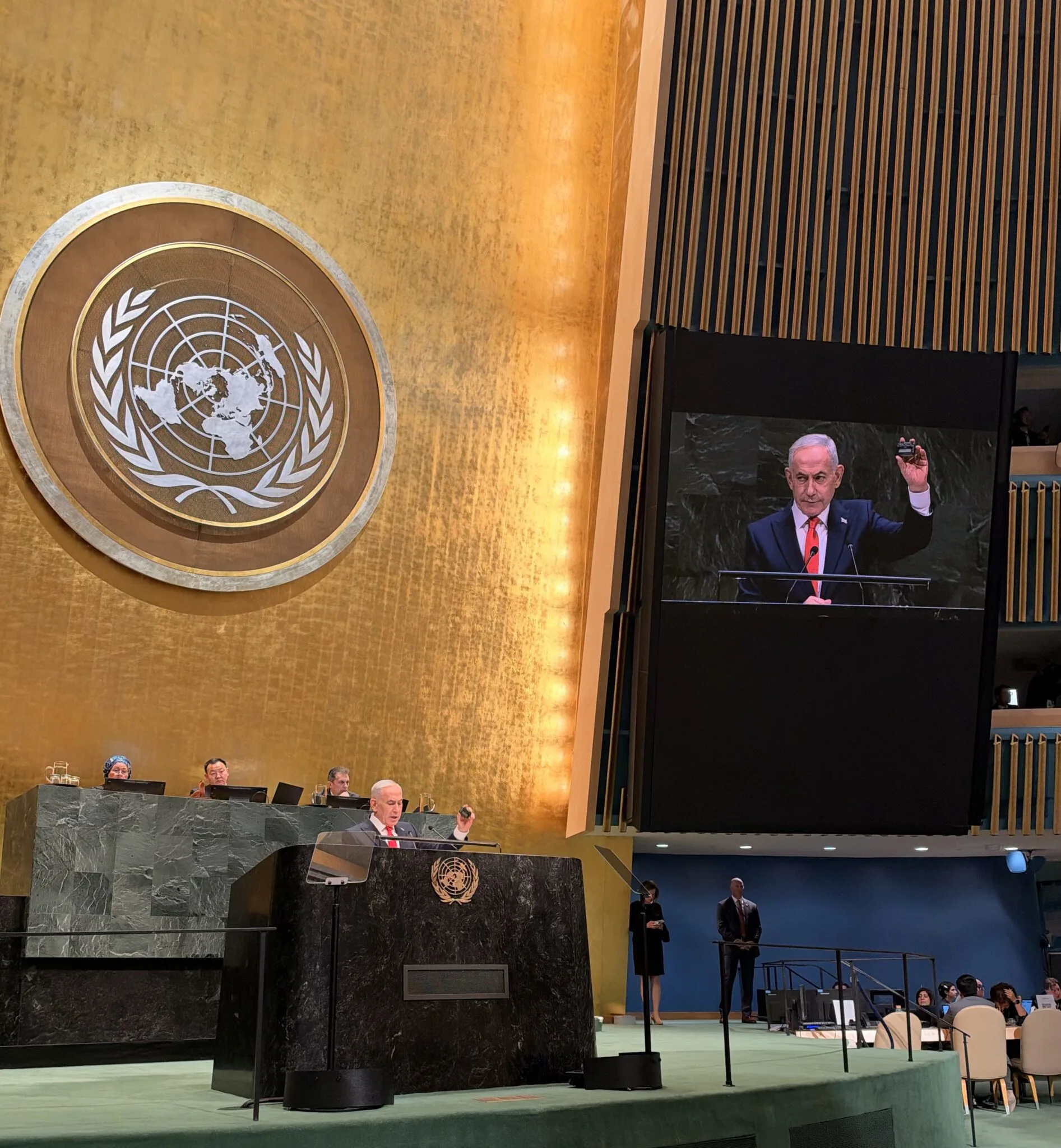 Netanyahu defends Israeli military action as delegates walk out before UN speech