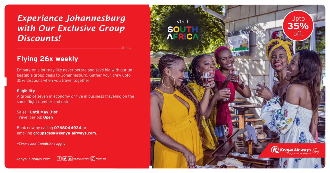 KQ offers group travellers 35% flight discounts to S. Africa