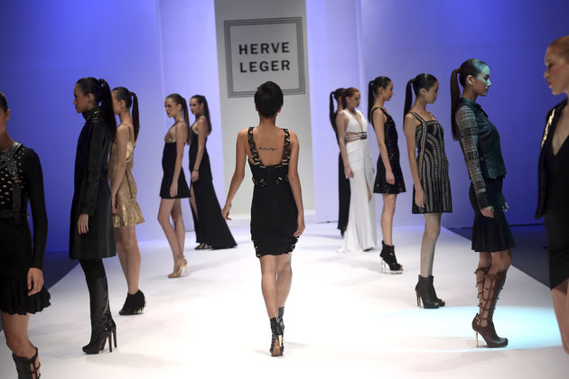Models present pieces from French designer Herve Leger's Fall/Winter 2012 collection on Friday, Nov. 23, 2012 in Singapore during the Women's Fashion Week held at the Marina Bay Sands. (AP Photo/Wong Maye-E)