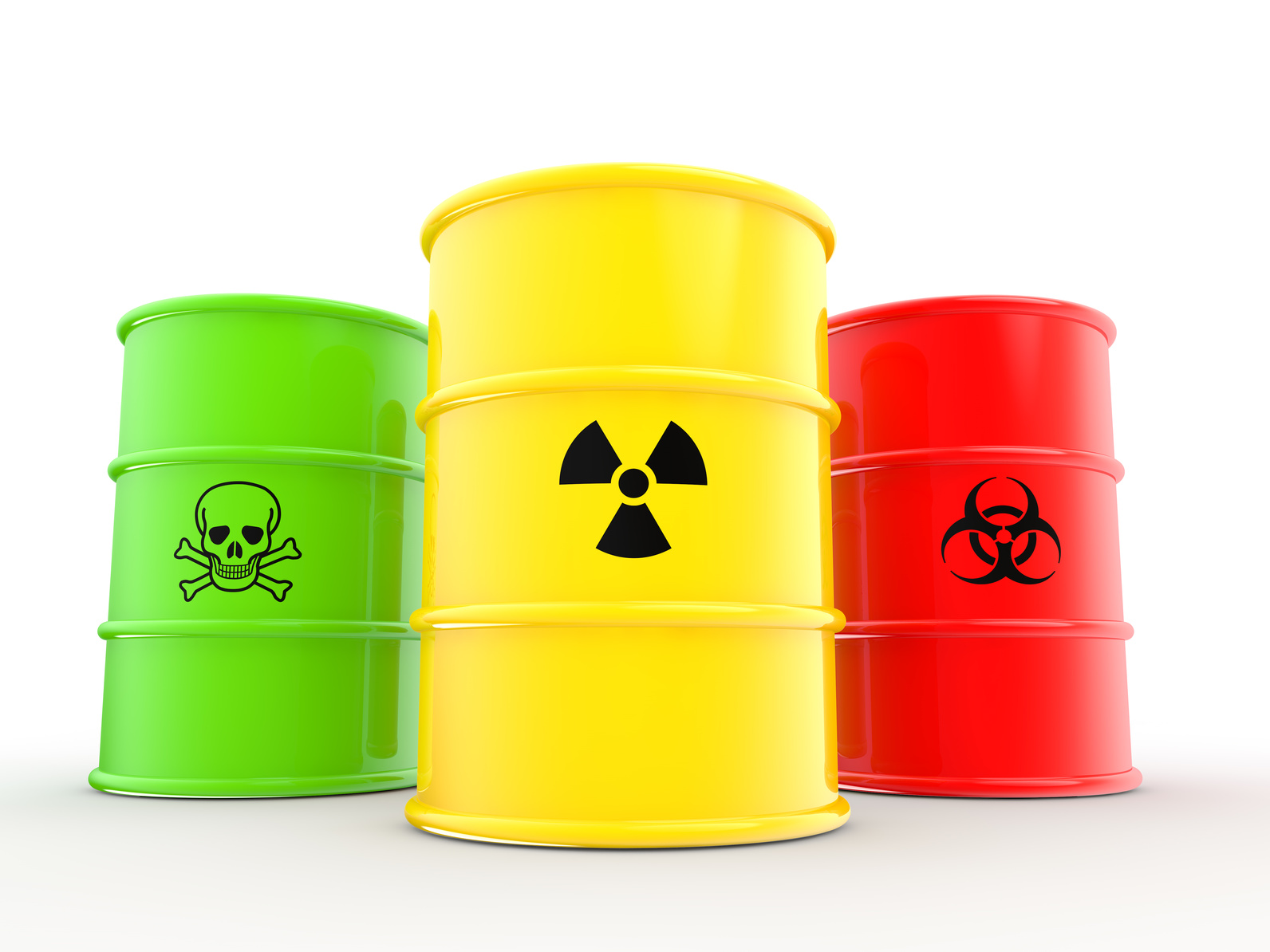 3d barrels with radiations bio hazard and toxic material symbols