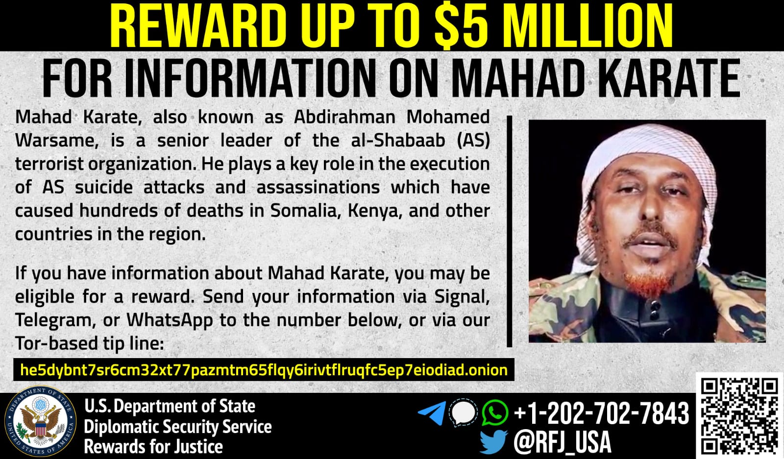 US offers $5 million bounty for information on key Al-Shabaab leader