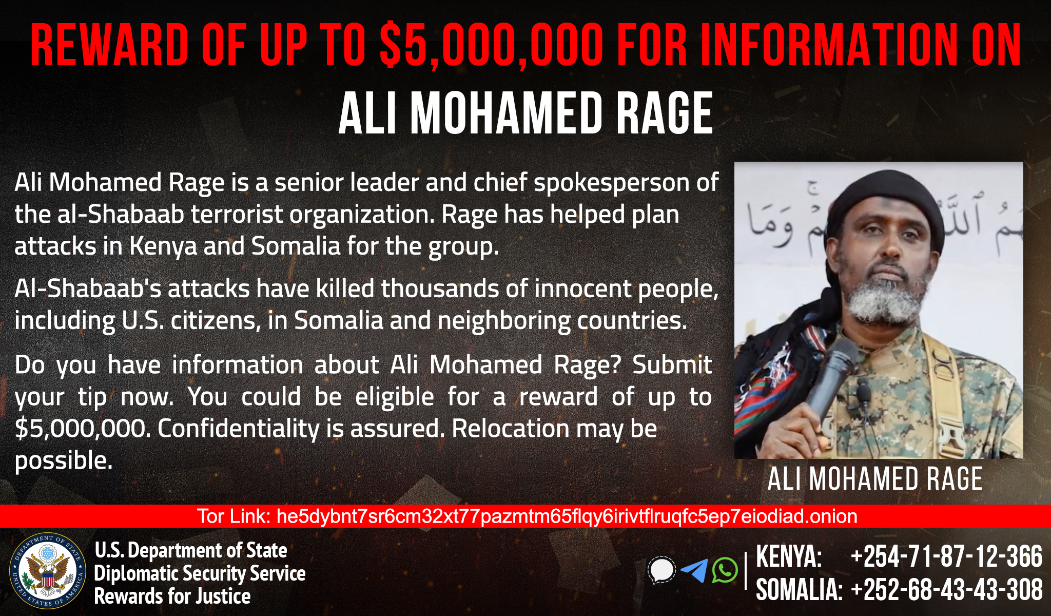US offers USD 5mn  bounty for information on key Al-Shabaab leader