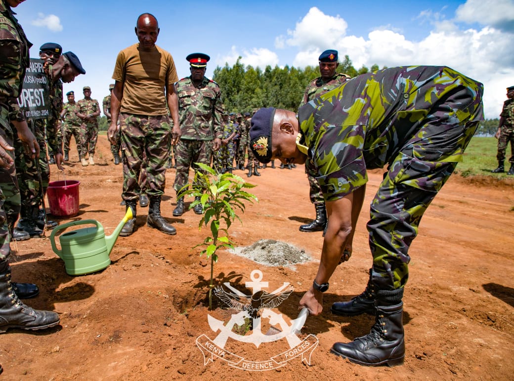 Gen Kahariri leads tree planting exercise at Recruits Training School in Eldoret