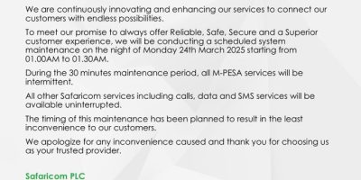Safaricom Announces Scheduled M-PESA Downtime for System Maintenance
