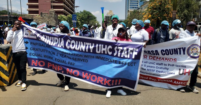 UHC medics protest in Nairobi demanding equal pay, permanent jobs