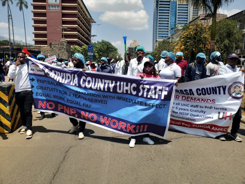 UHC medics protest in Nairobi demanding equal pay, permanent jobs
