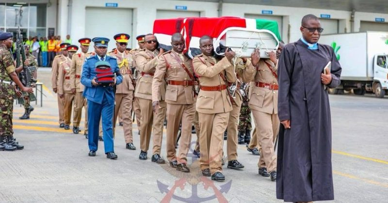 Paying tribute: Fallen KDF officer received at JKIA