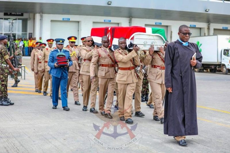 Paying tribute: Fallen KDF officer received at JKIA