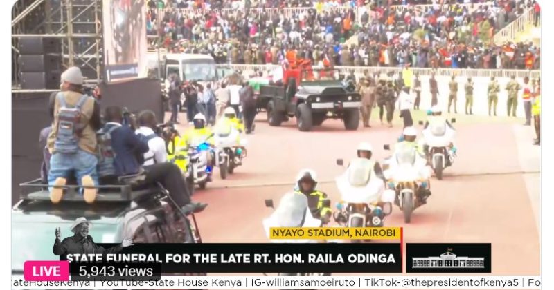 Raila Odinga’s body arrives at Nyayo Stadium in a military convoy as nation gathers for State Funeral