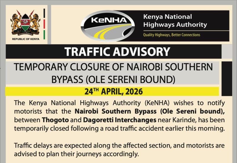 KeNHA Announces Temporary Closure of Nairobi Southern Bypass at Ole Sereni After Accident