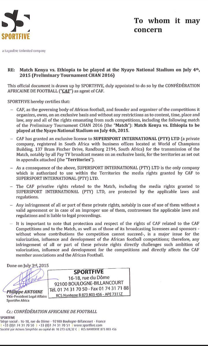 A copy of the contract between SuperSport International and SportFive. PHOTO/Courtesy