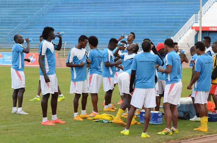 Ethiopia's Walia Ibex take a water break during their training session at Nyayo ahead of their CHAN return leg qualifier against Kenya. PHOTO/Courtesy.