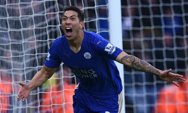 Leicester City's striker Leonardo Ulloa celebrates scoring a goal during the English Premier League football match between Leicester City and Norwich City in Leicester, England on February 27, 2016...
