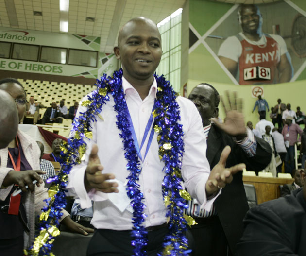 Newly elected FKF president Nick Mwendwa giving his acceptance speech after winning the national elections on Tuesday, February10, 2016. PHOTO/Raymond Makhaya
