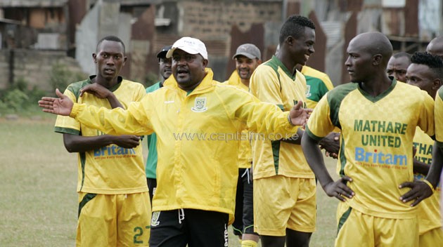 Mathare United head coach Francis Kimanzi gives instructions to players.PHOTO/Raymond Makhaya.