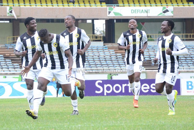 Tusker FC players celebrate after scoring in a past Kenyan Premier League match. PHOTO/Timothy Olobulu