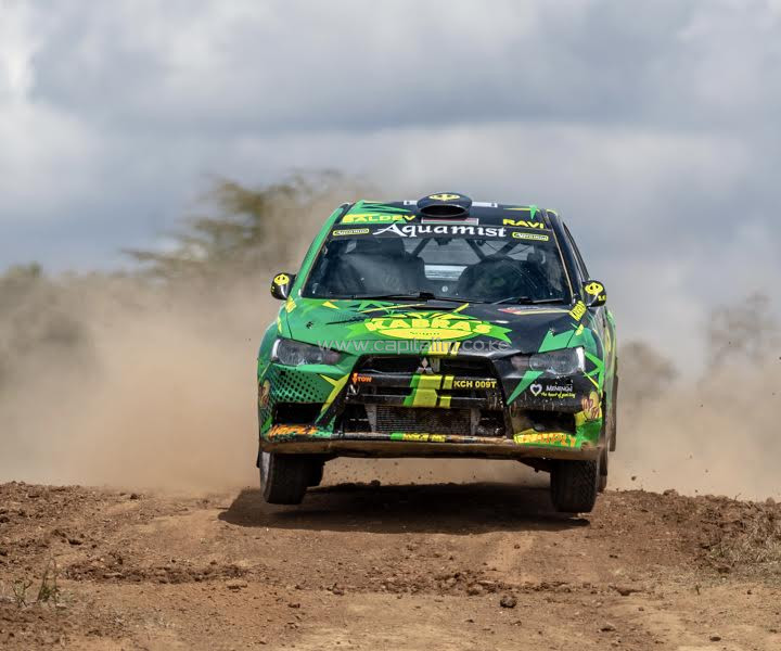 Kenyan champion Chager off the ramp first on ARC Equator Rally
