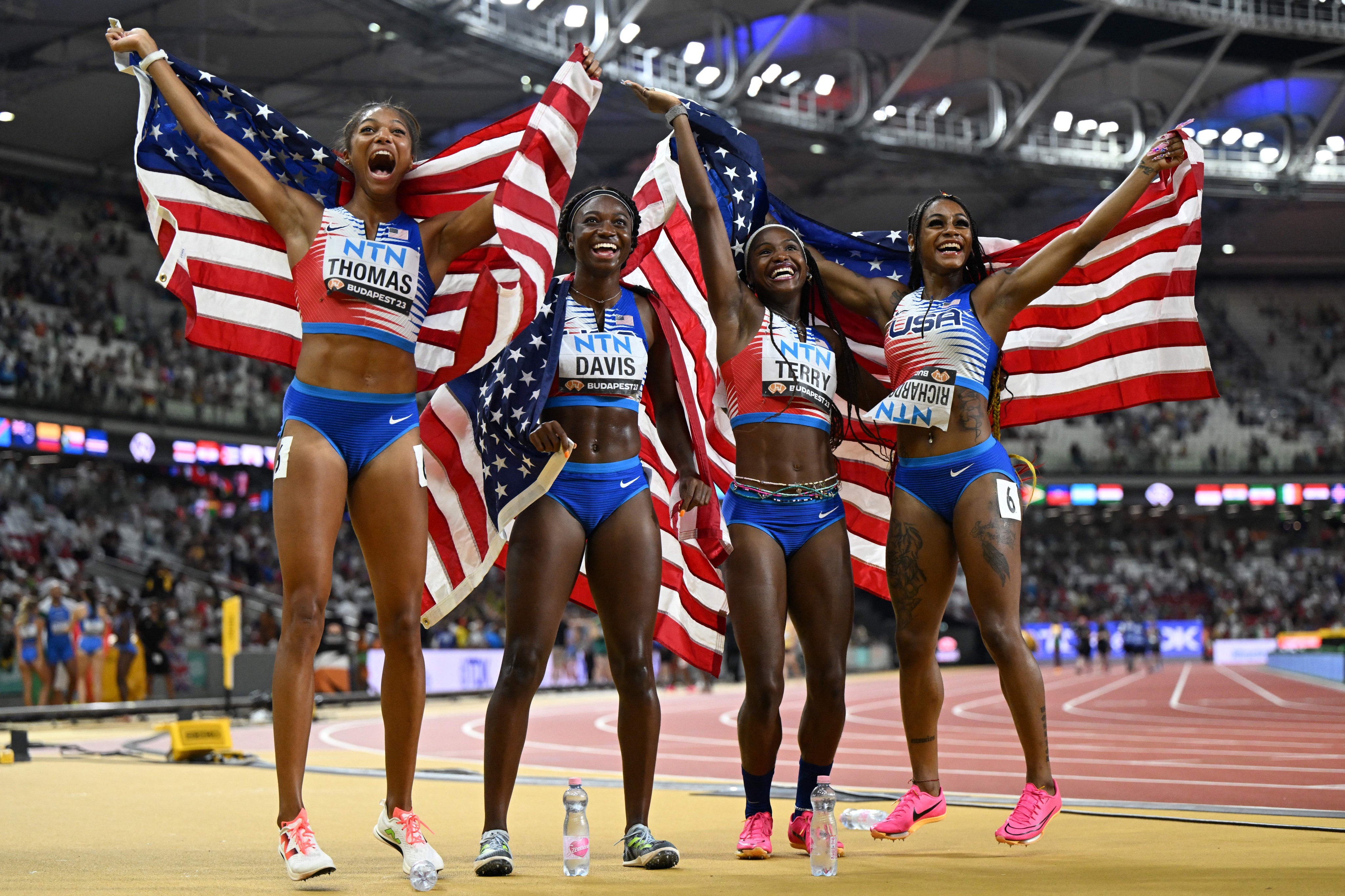 USA sets championship record to win women’s 4x100m in Budapest